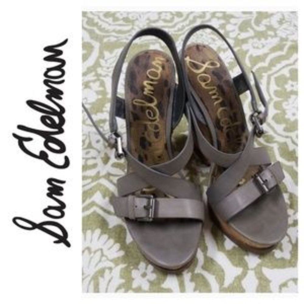 Sam Edelman Cork Heels Sandals Grey Buckles